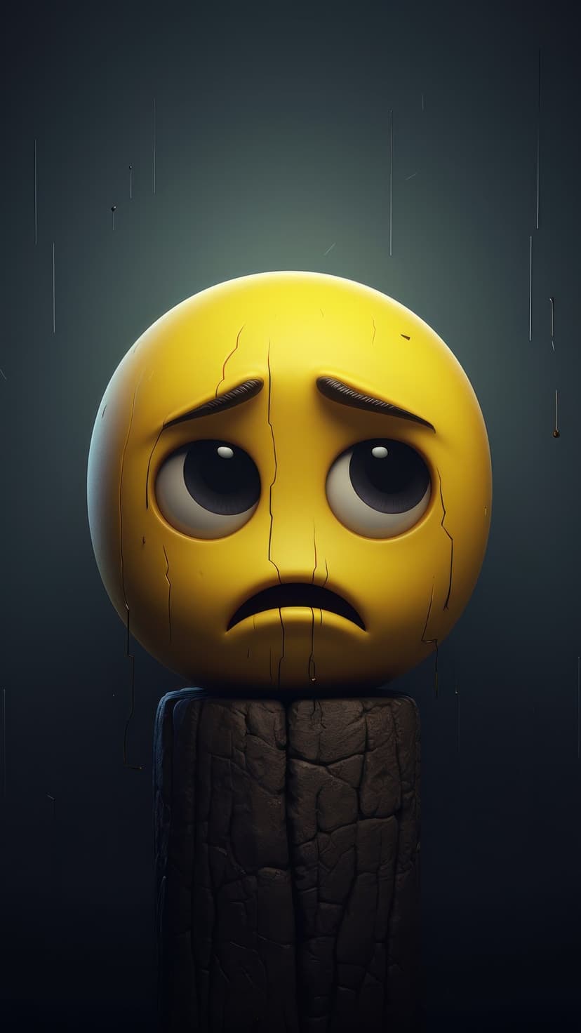 Yellow emoji with visible cracks and tears sits on a dark wooden post while rain falls in a grey atmosphere.