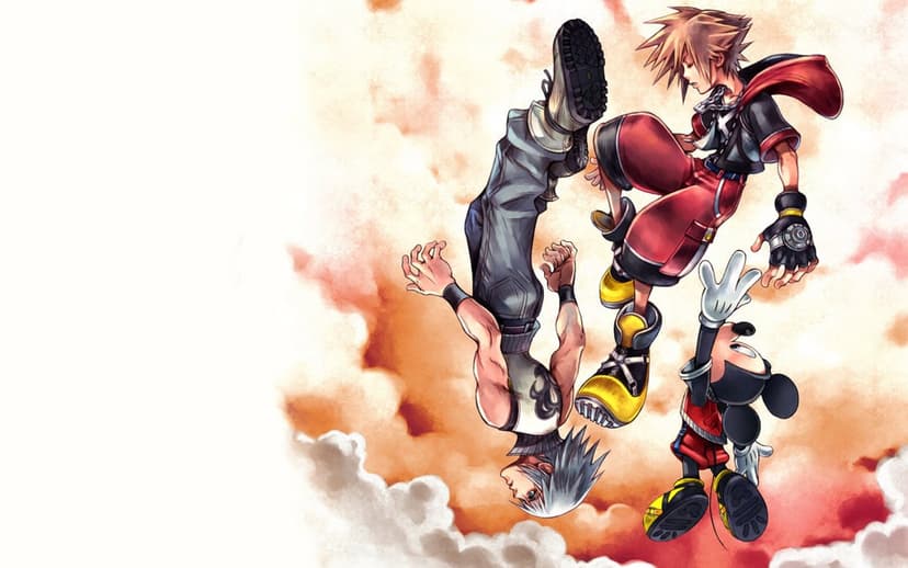Sora, Riku, and King Mickey float against a warm orange cloudscape in a dynamic fantasy art landscape.
