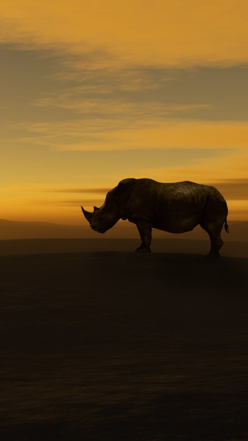 Rhinoceros silhouette standing on a flat savanna horizon under a vibrant orange and yellow gradient sunset sky.
