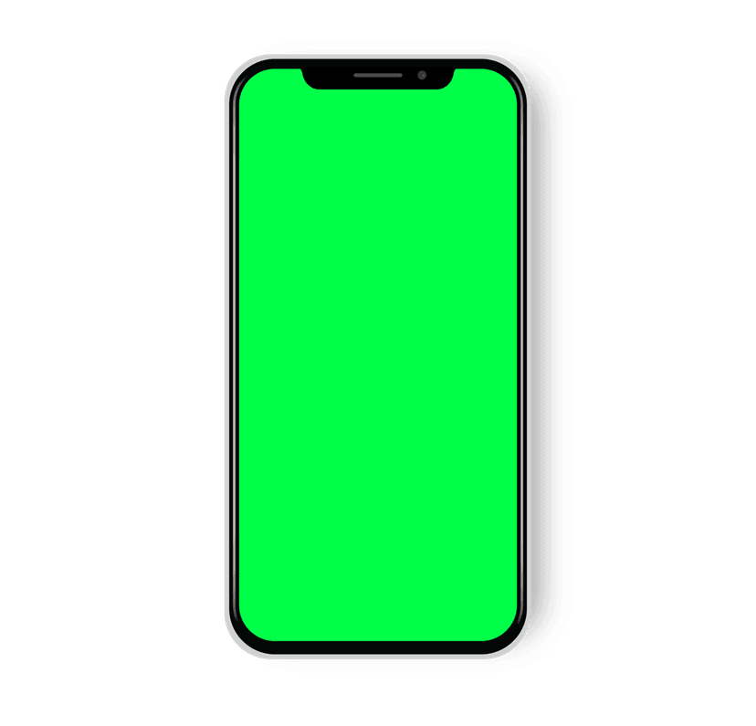 iPhone chroma key screen PNG featuring a matte metallic frame with a centered notch over a green display area.