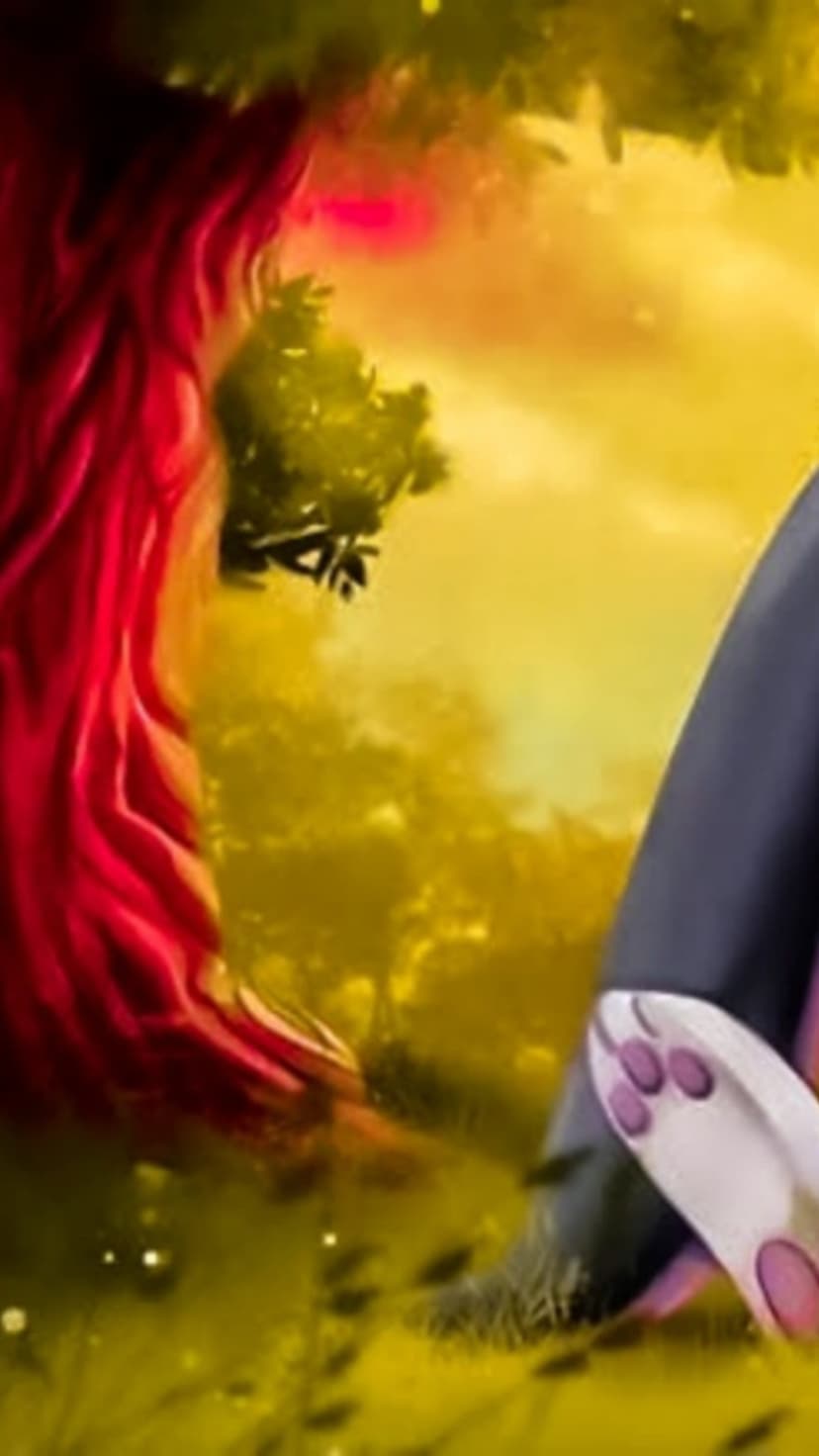 Furry creature with pink paws rests near flowing red hair in a golden forest filled with glowing light particles.
