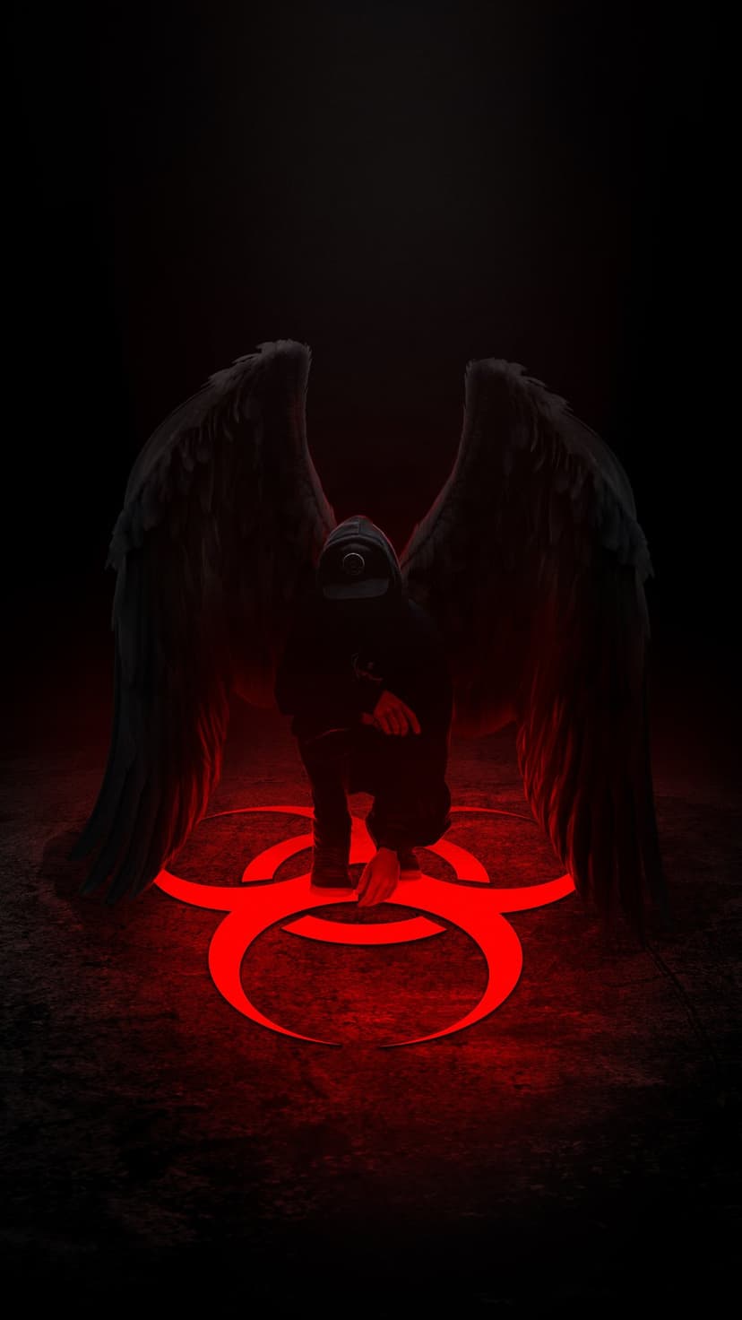 Winged figure in a black hoodie kneeling inside a luminous red biohazard sign against a dark background.