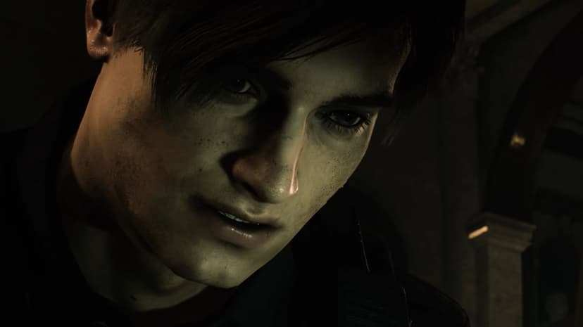 Leon S. Kennedy portrait with intense blue eyes and messy hair in a dark, side-lit cinematic setting.