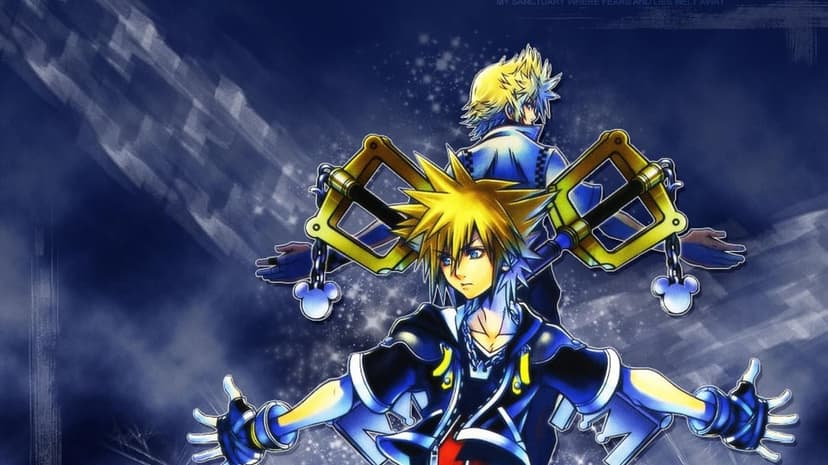 Sora and Roxas stand back-to-back with golden Keyblades against a textured navy blue background with light sparkles.