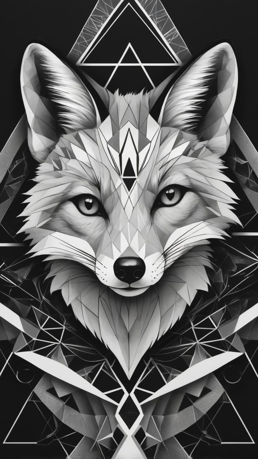 Fox head formed by interlocking gray and white triangles against a dark background in a sharp polygonal style.