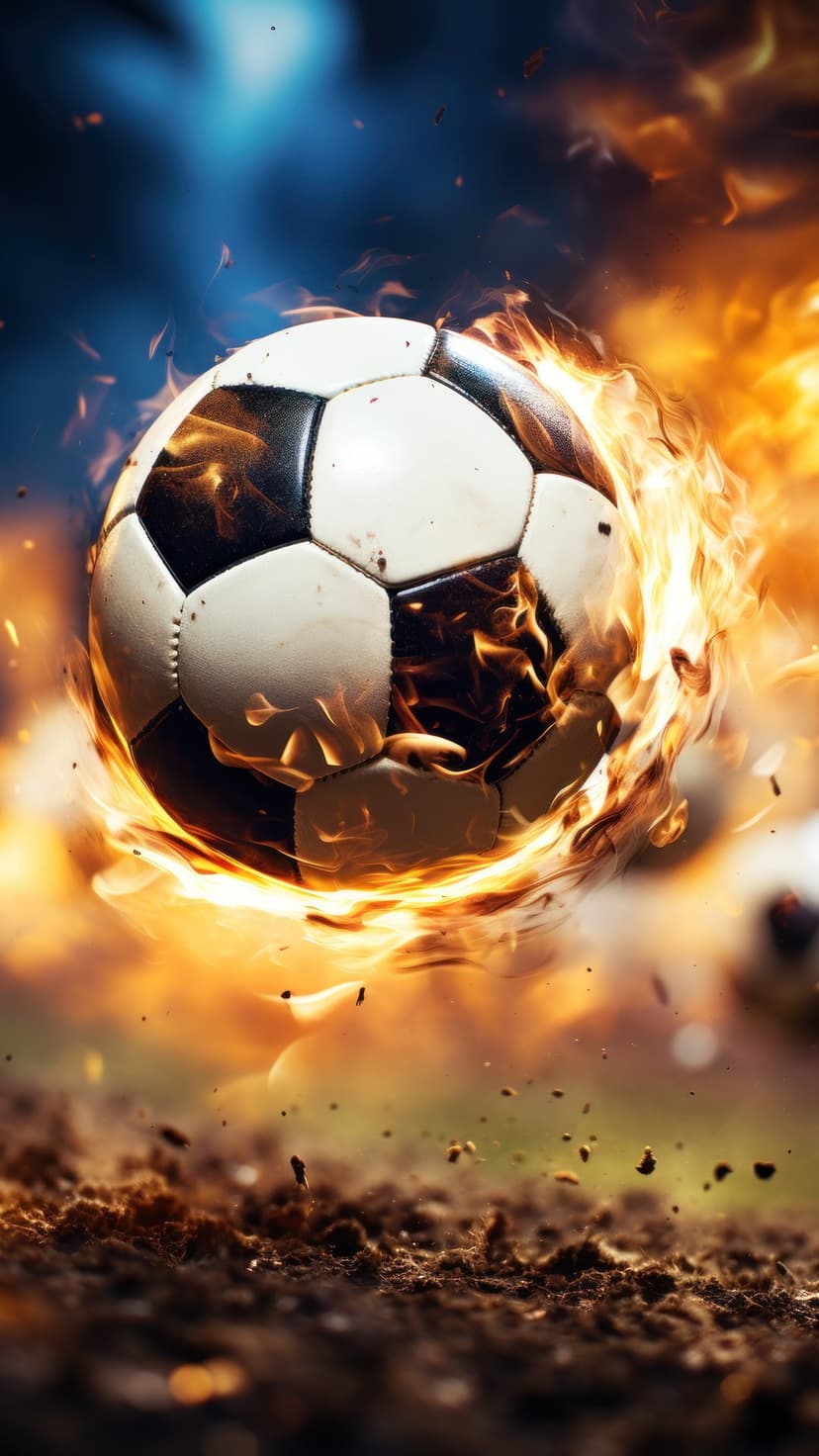 Soccer ball engulfed in bright orange flames exploding on a dark dirt field with flying debris and glowing embers.