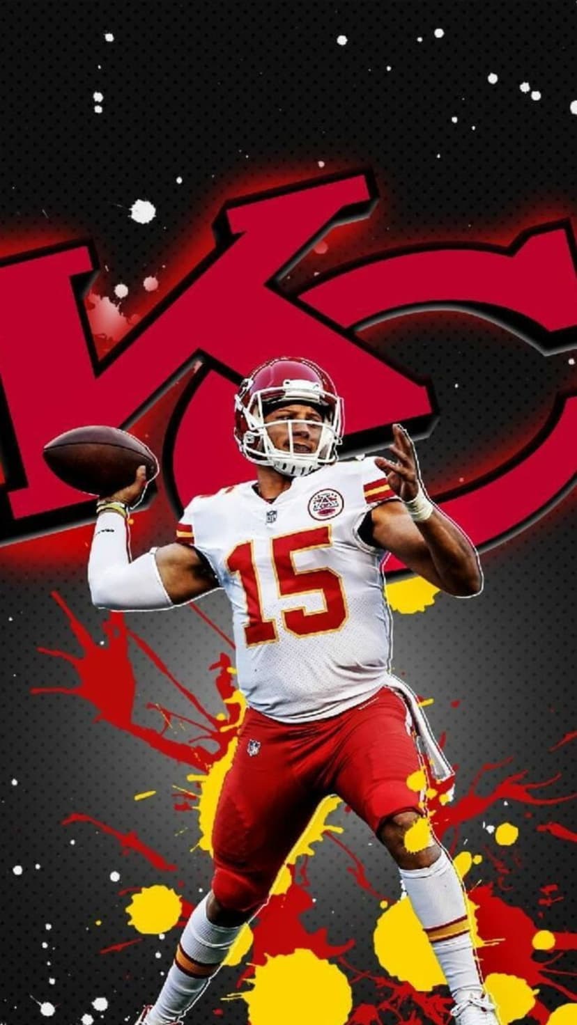 Patrick Mahomes in a white Chiefs jersey holds a football against red paint splatters and a large KC logo.