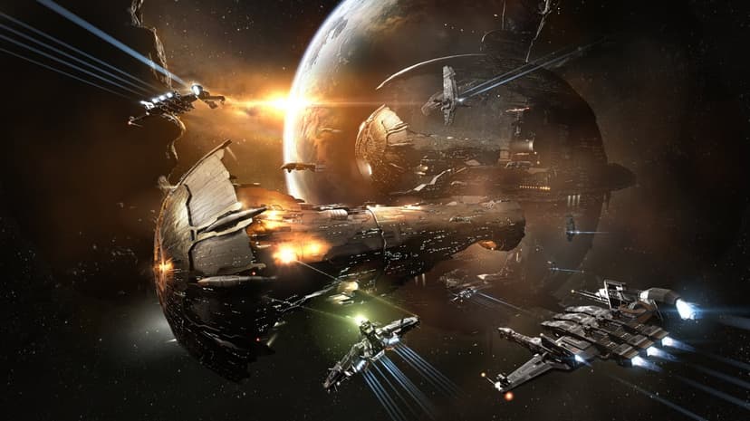 Giant industrial spaceships and fighter craft fly past a glowing orange planet with bright blue engine trails.