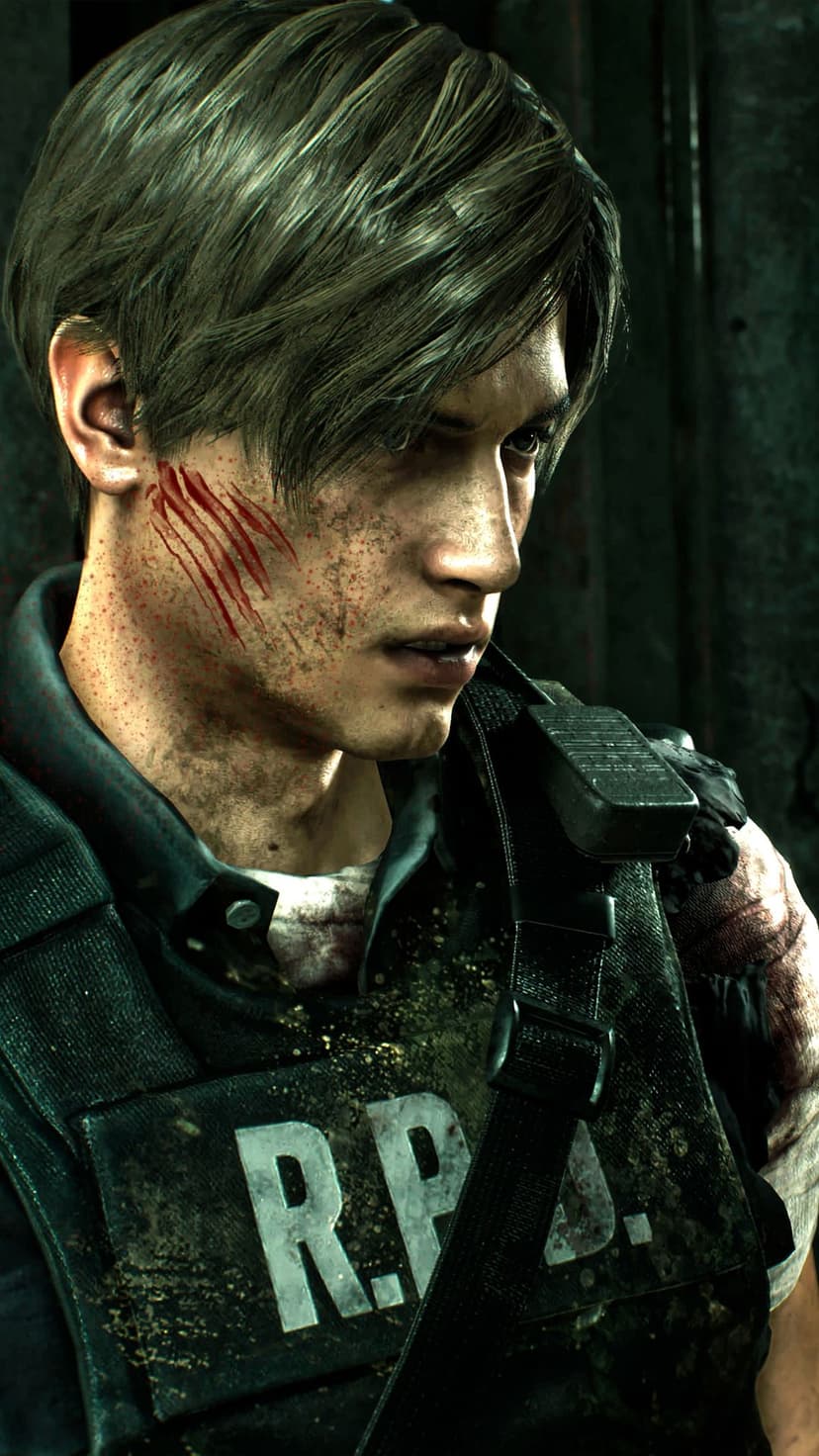 Leon Kennedy with bloodied claw marks on his face wearing a dirty R.P.D. tactical vest in dark lighting.
