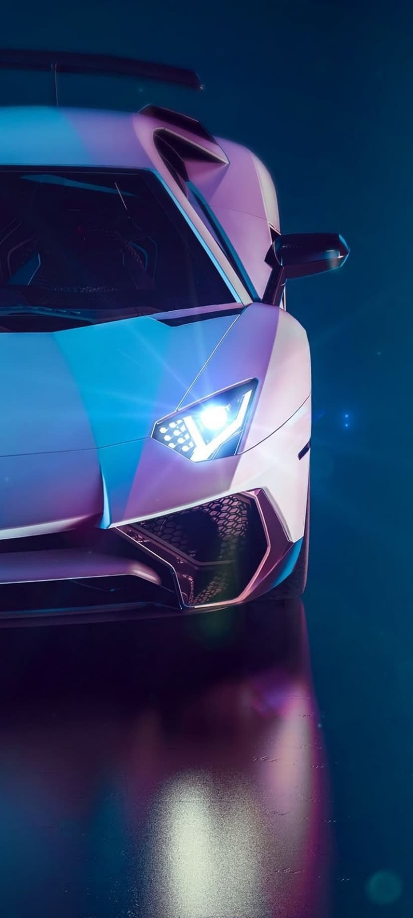 White Lamborghini Aventador front view with glowing blue and pink neon lights reflecting on a wet surface.