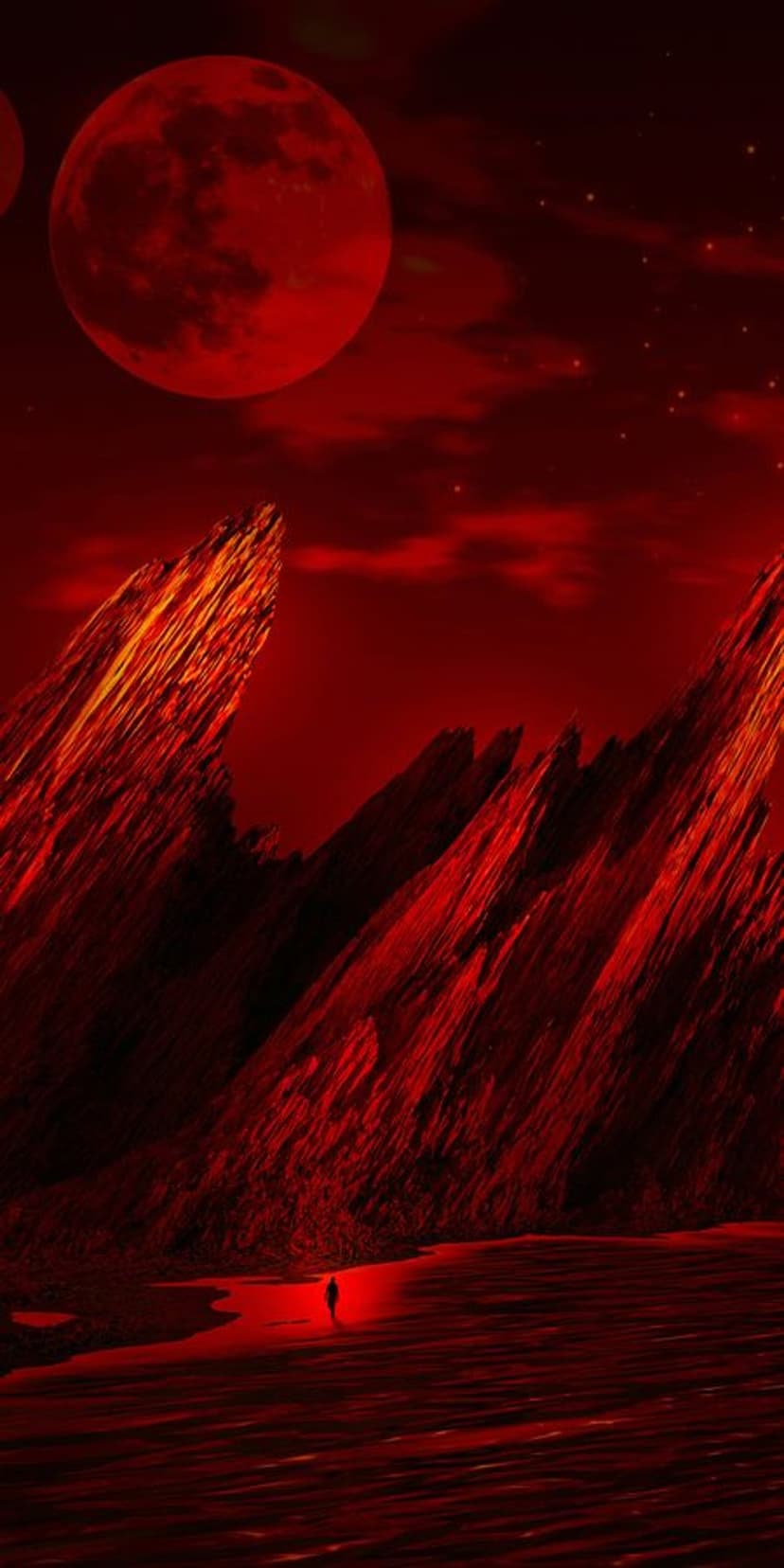 A small human silhouette stands on rippled red ground beneath two massive red moons and sharp mountain peaks.