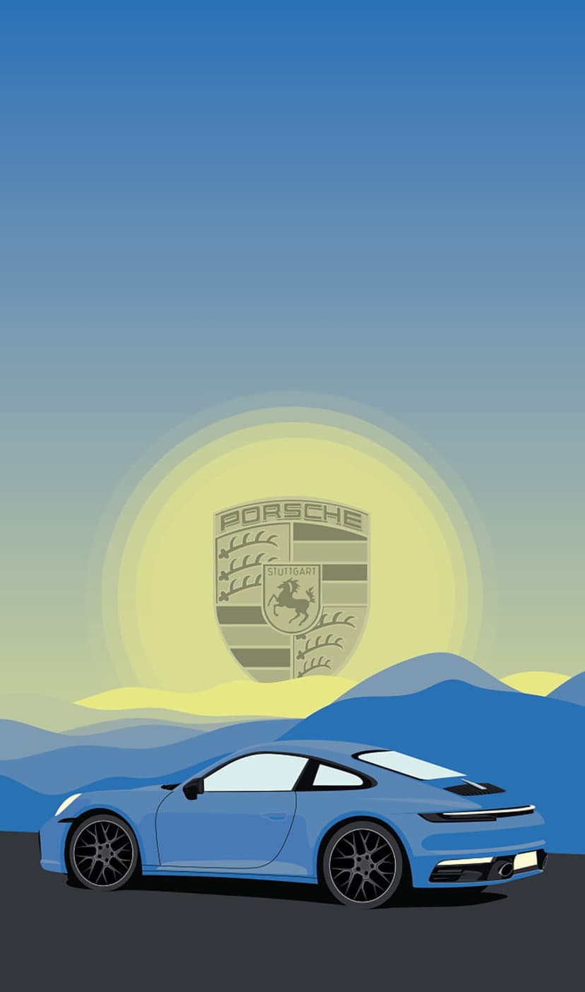 Blue Porsche 911 parked in front of the gold Porsche crest and dark mountain silhouettes under a yellow sunset.