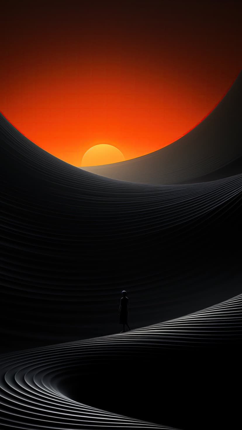Lone silhouette walking across dark sand dunes against a bright orange and yellow sunset sky in a vast desert.