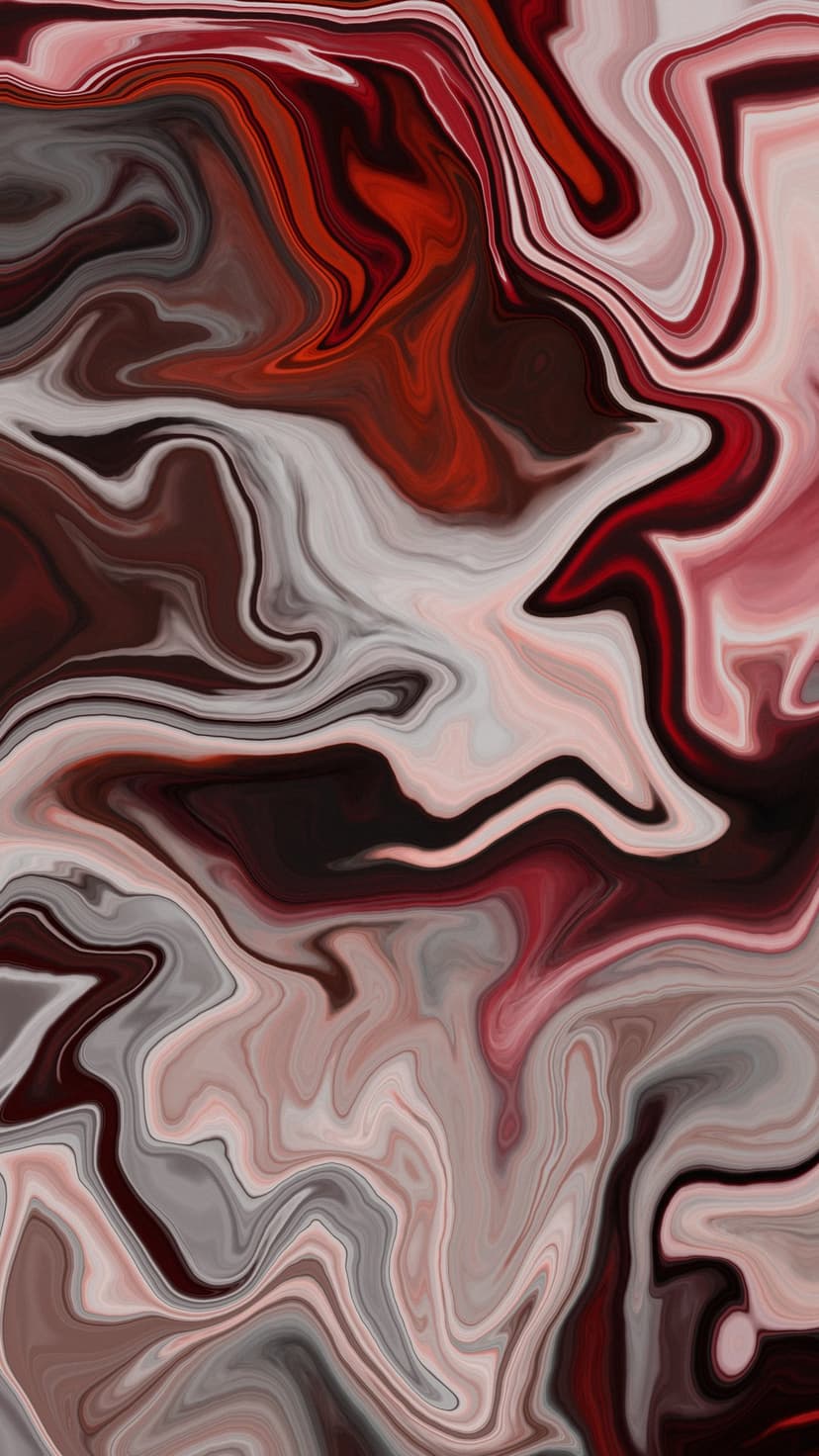 Swirling red and charcoal gray marble fluid patterns with organic liquid curves and dark earthy brown accents.