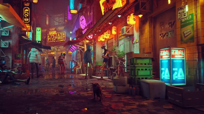 A ginger cat walks through a rainy neon-lit cyberpunk alley populated by robots with monitor heads.