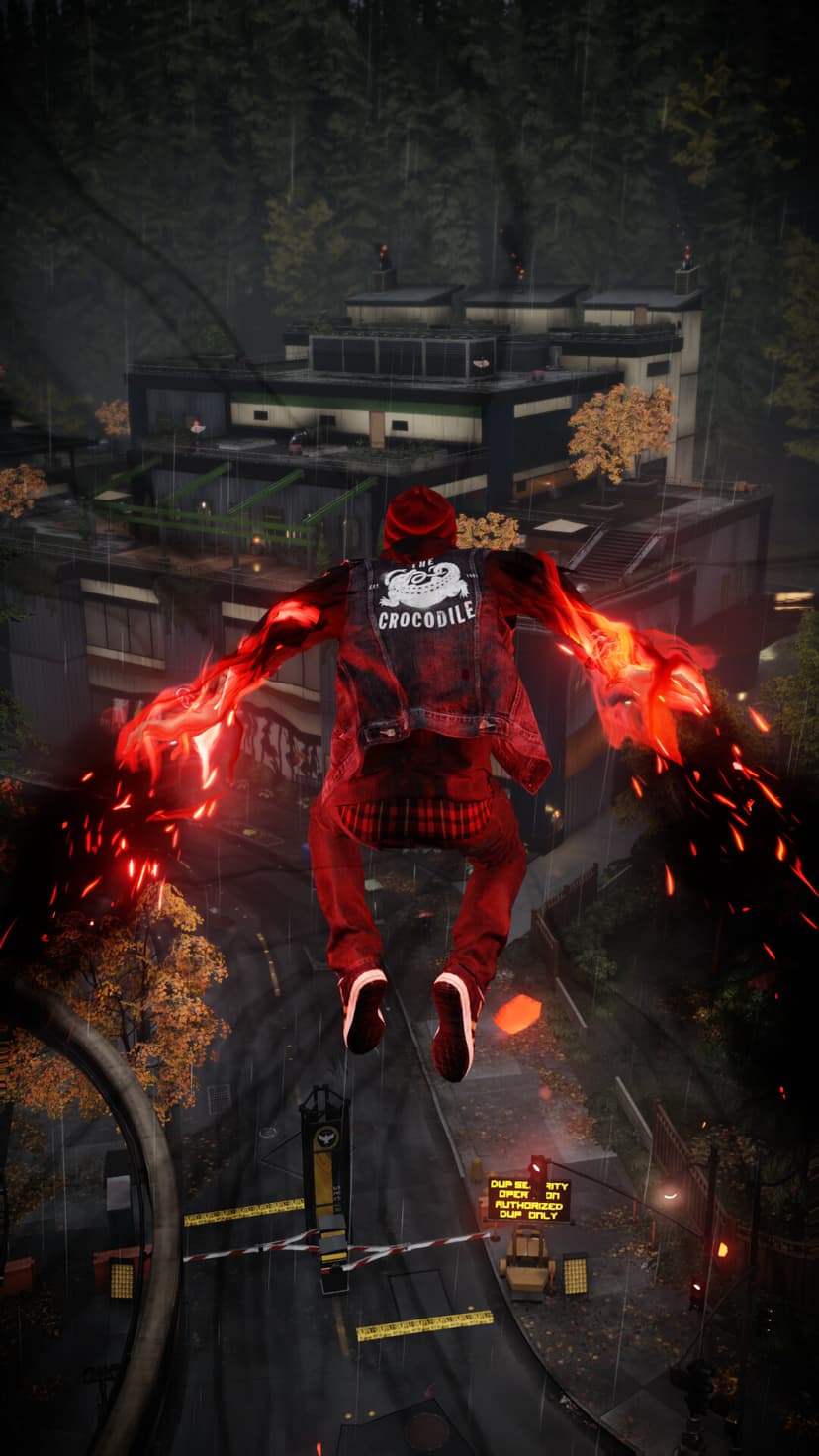 Delsin Rowe jumping with glowing red smoke hands over a rainy city street and a modern building background.