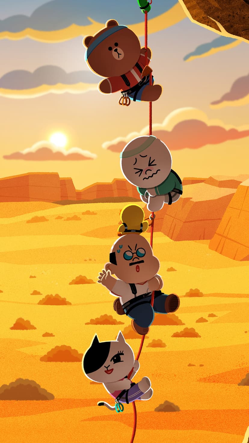Brown bear and Cony lead a group of friends climbing a steep desert cliff during a golden mountain sunset.