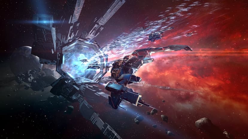 Futuristic spaceships fly through a glowing hexagonal jump gate amid a fiery red nebula and debris in deep space.