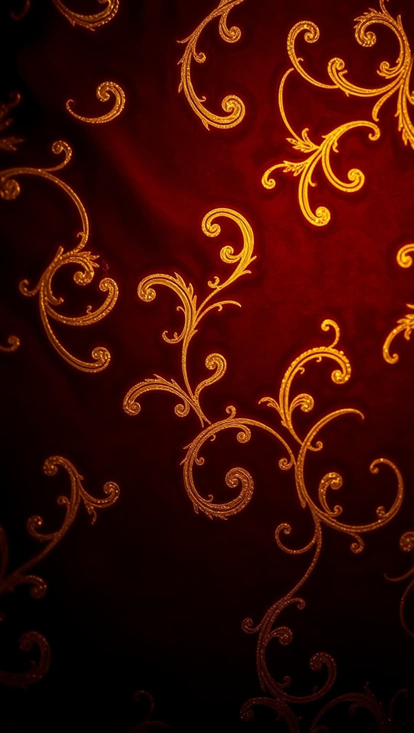 Gold damask floral patterns with intricate scrollwork layered over a textured deep red velvet fabric background.