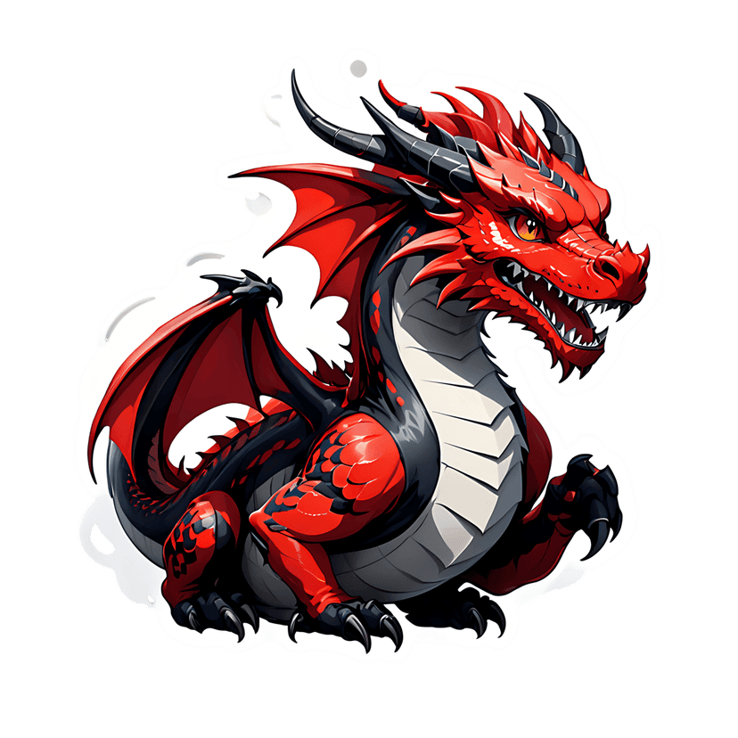 Red dragon vector illustration with black wings and glossy scales sits upright against a transparent background.