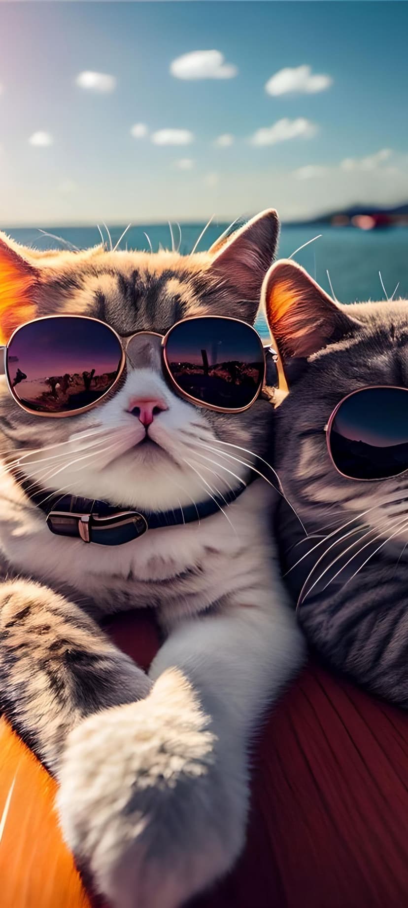 Two fluffy cats wearing reflective sunglasses on a boat with a sunset landscape visible in the lenses.