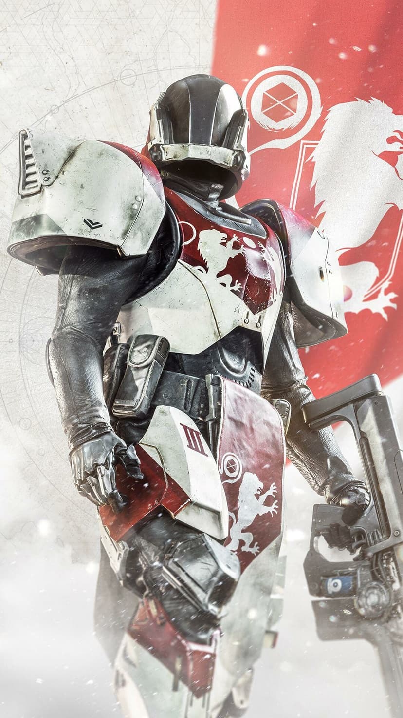 Titan Guardian in white and red armor holding a rifle against a red lion banner backdrop with snow particles.