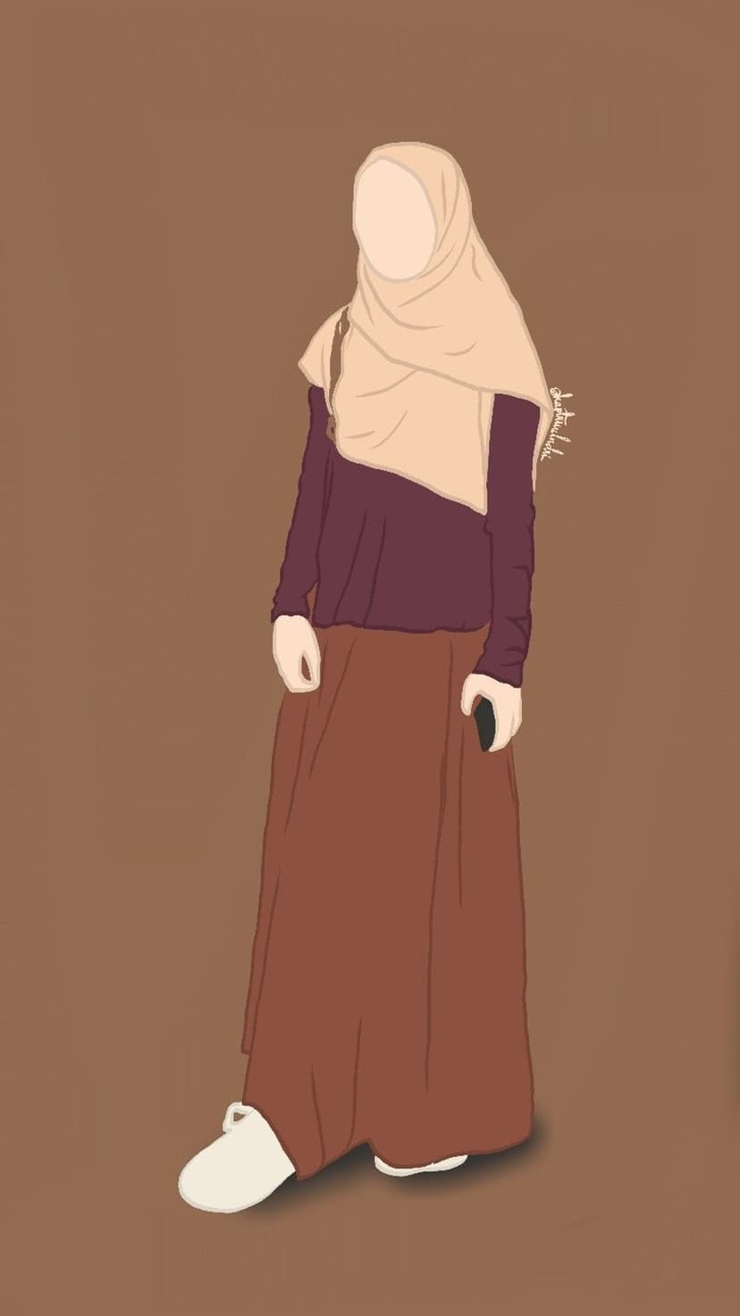 Woman in a beige hijab, maroon top, and long brown skirt holds a smartphone against a solid earth-tone backdrop.