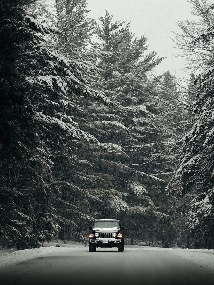 Dark Jeep SUV with glowing headlights driving on a snow-covered forest road between tall evergreen trees.