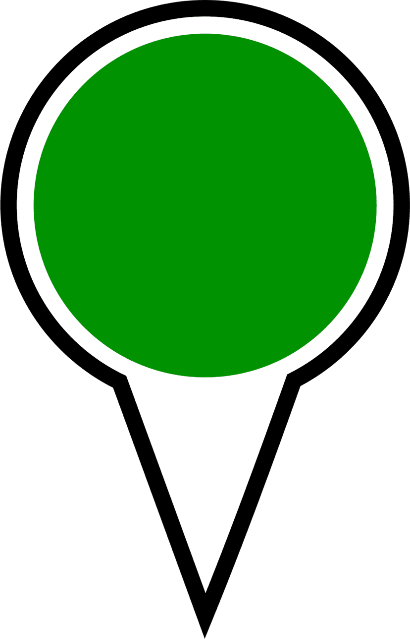 Green location pin featuring a circular top and white border against a transparent background for digital maps.