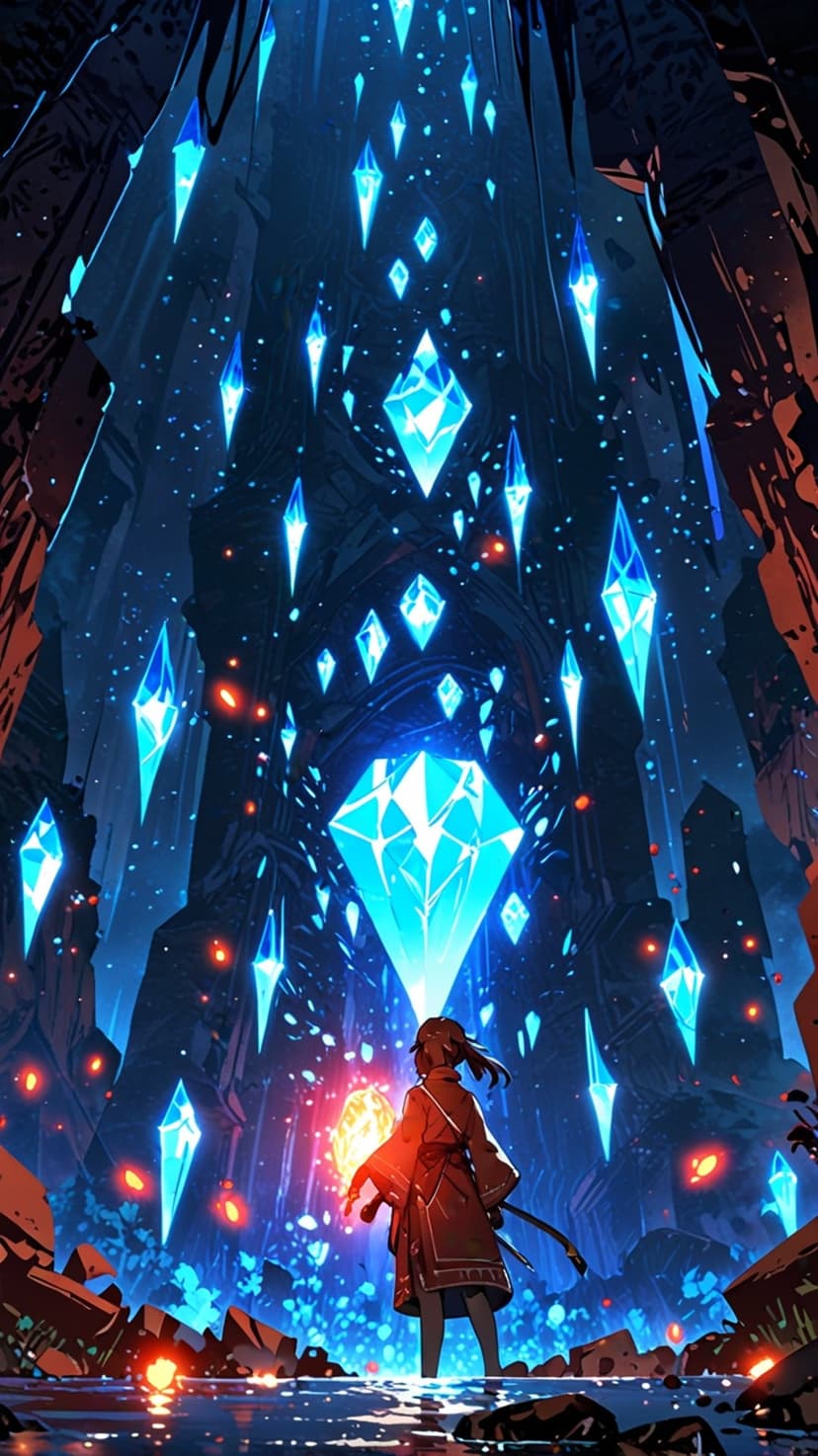 Anime girl holding a glowing orange orb inside a dark cave filled with luminous blue crystalline formations.