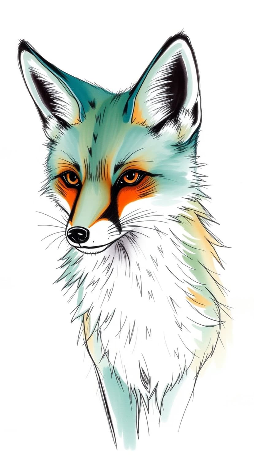 Fox face with turquoise and amber fur, alert ears, and black ink outlines against a clean background.
