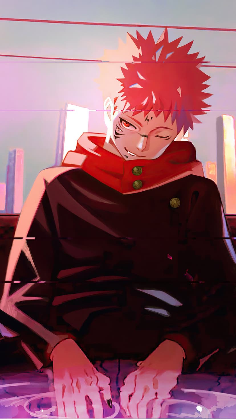 Sukuna with pink hair and facial tattoos winks while wearing a black hoodie against a blurred purple background.