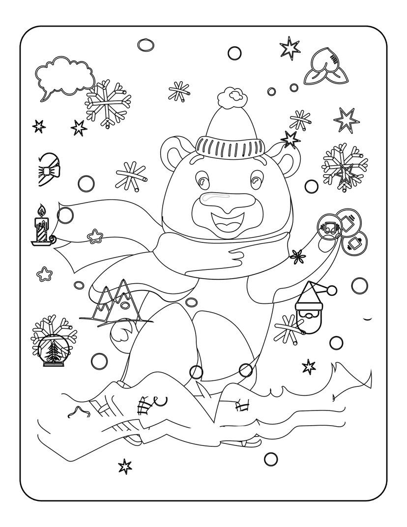 Winter bear coloring page features a scarf-clad animal surrounded by a snow globe and floating snowflakes.