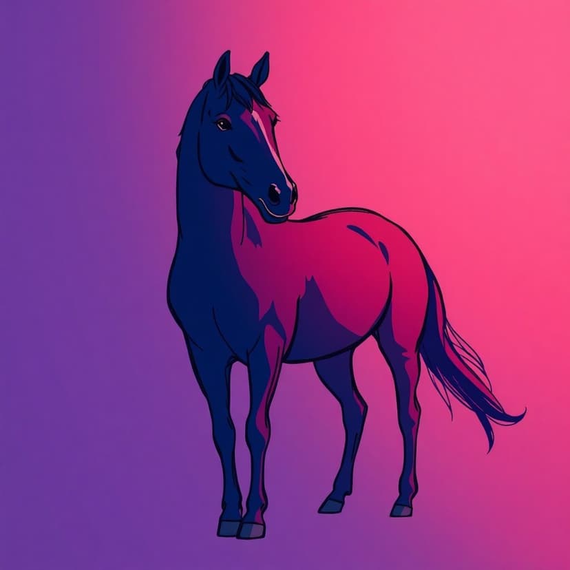 Horse with defined muscles in dark blue tones standing against a soft purple and pink gradient background.