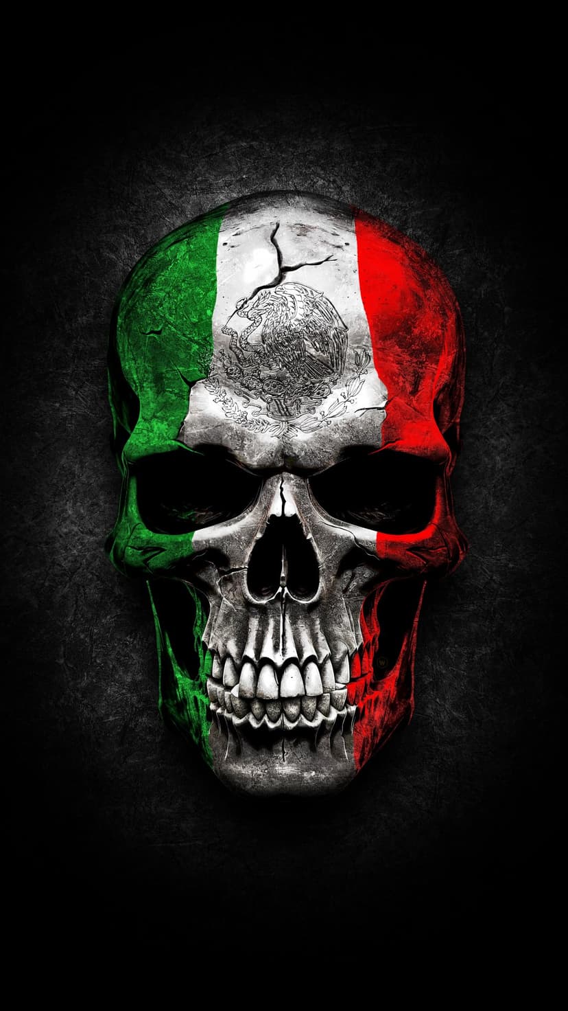 Human skull painted with Mexican flag colors and eagle emblem against a dark textured background with bone cracks.