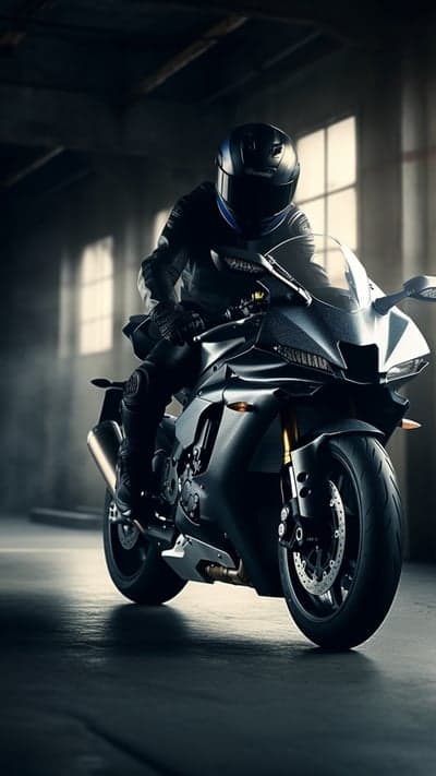 Cinematic Sportbike Rider Mobile Wallpaper in Dark Garage