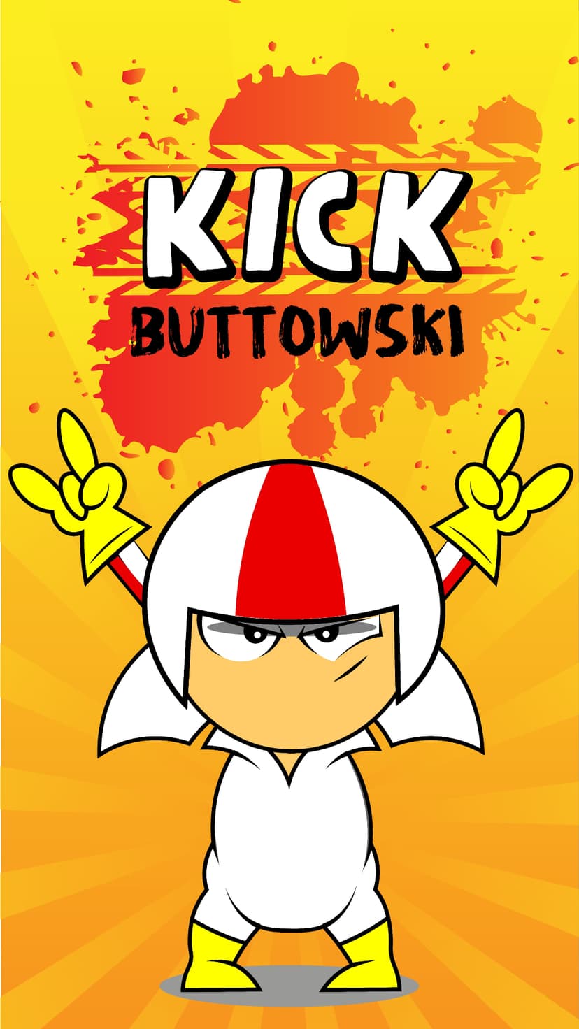 Kick Buttowski in a white helmet and suit poses before a yellow sunburst with bold title text and red splatters.