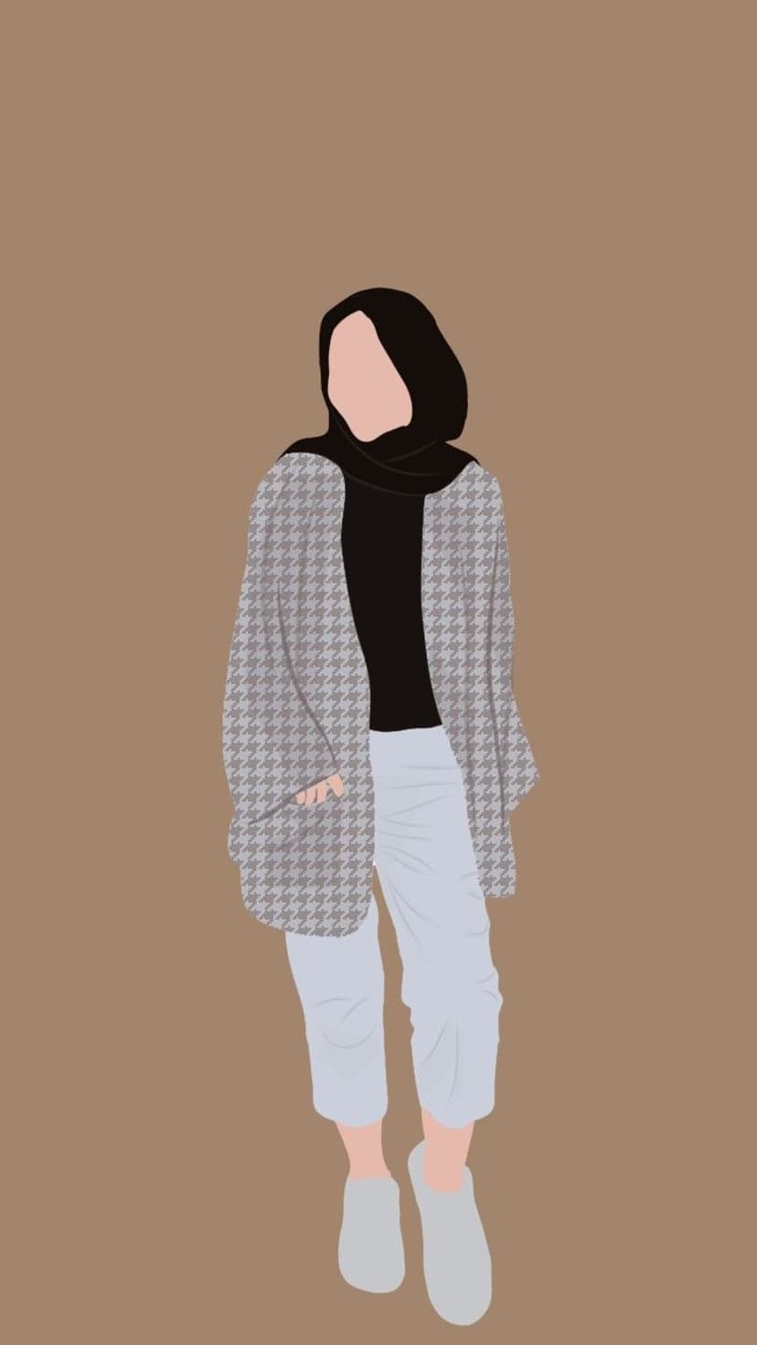 Woman in a black hijab and grey houndstooth jacket stands in light blue trousers wearing grey slip-on shoes.