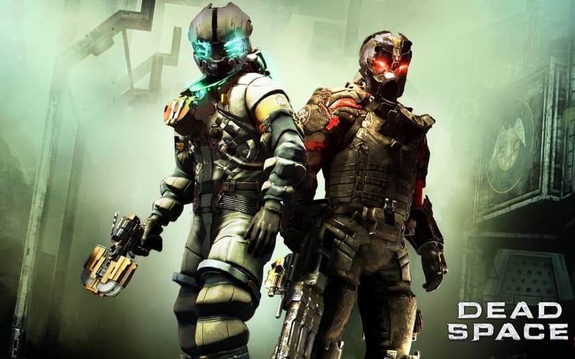 Isaac Clarke and John Carver in armored suits with glowing visors against a foggy industrial backdrop.