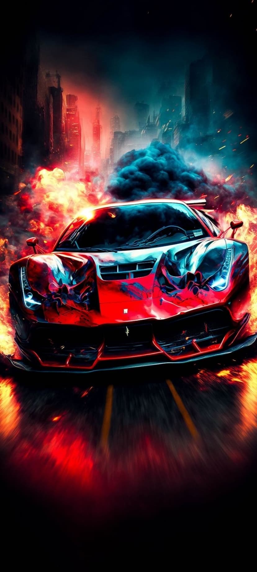 Red Ferrari speeding past burning buildings and thick blue smoke in a dark, chaotic city street at night.