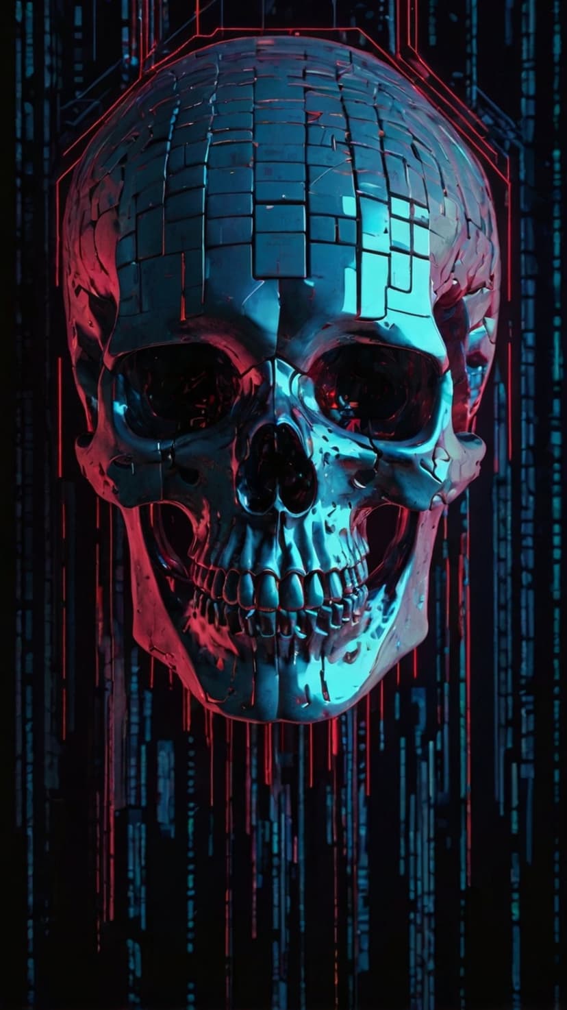 Fractured metallic skull glowing with red and blue neon lights against a backdrop of vertical digital code.