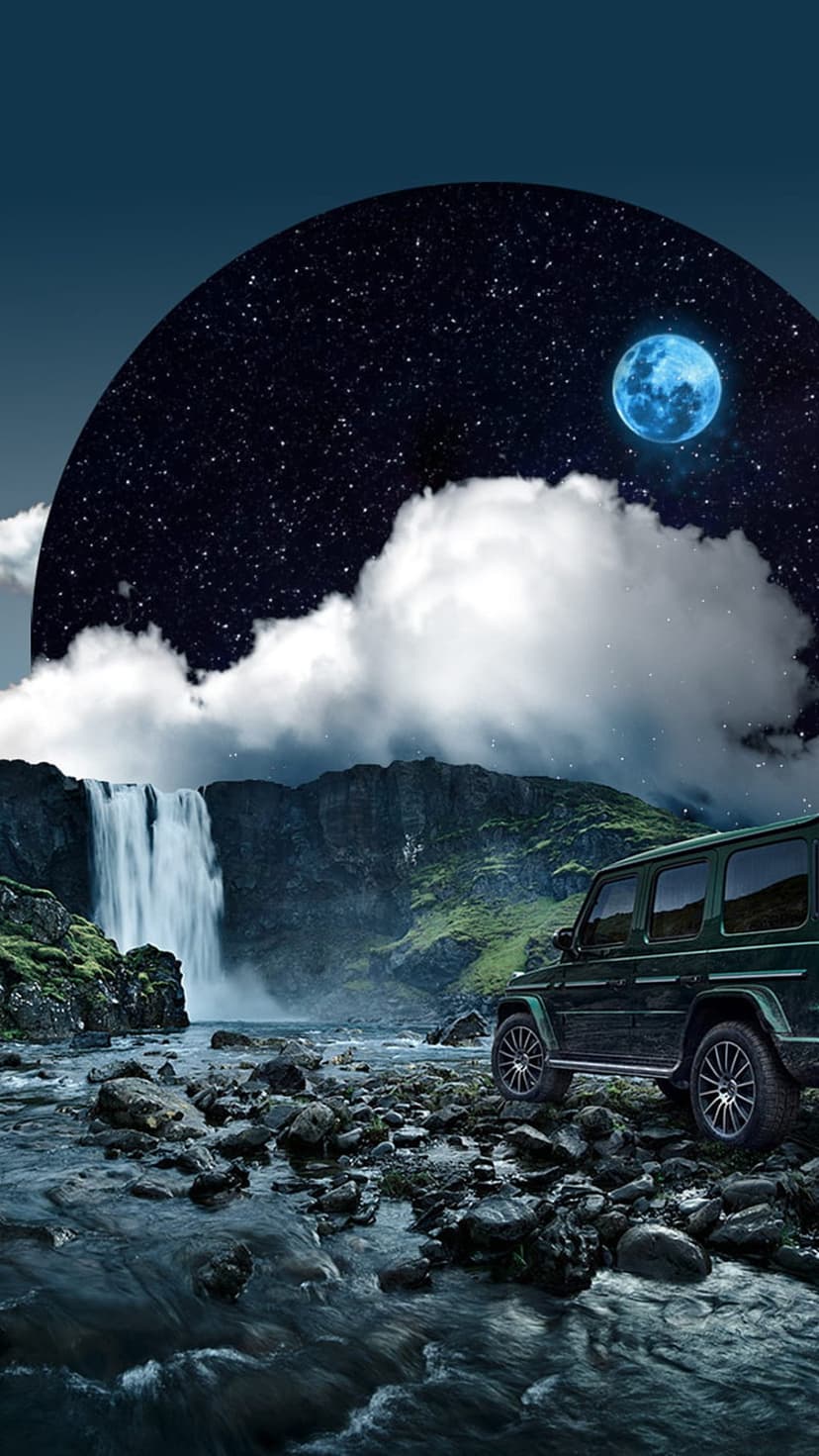 Dark green SUV parked on a rocky riverbank beside a towering waterfall under a starry sky and blue moon.