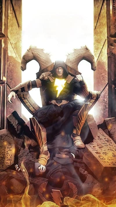 Black Adam sits on a throne of stone and fire