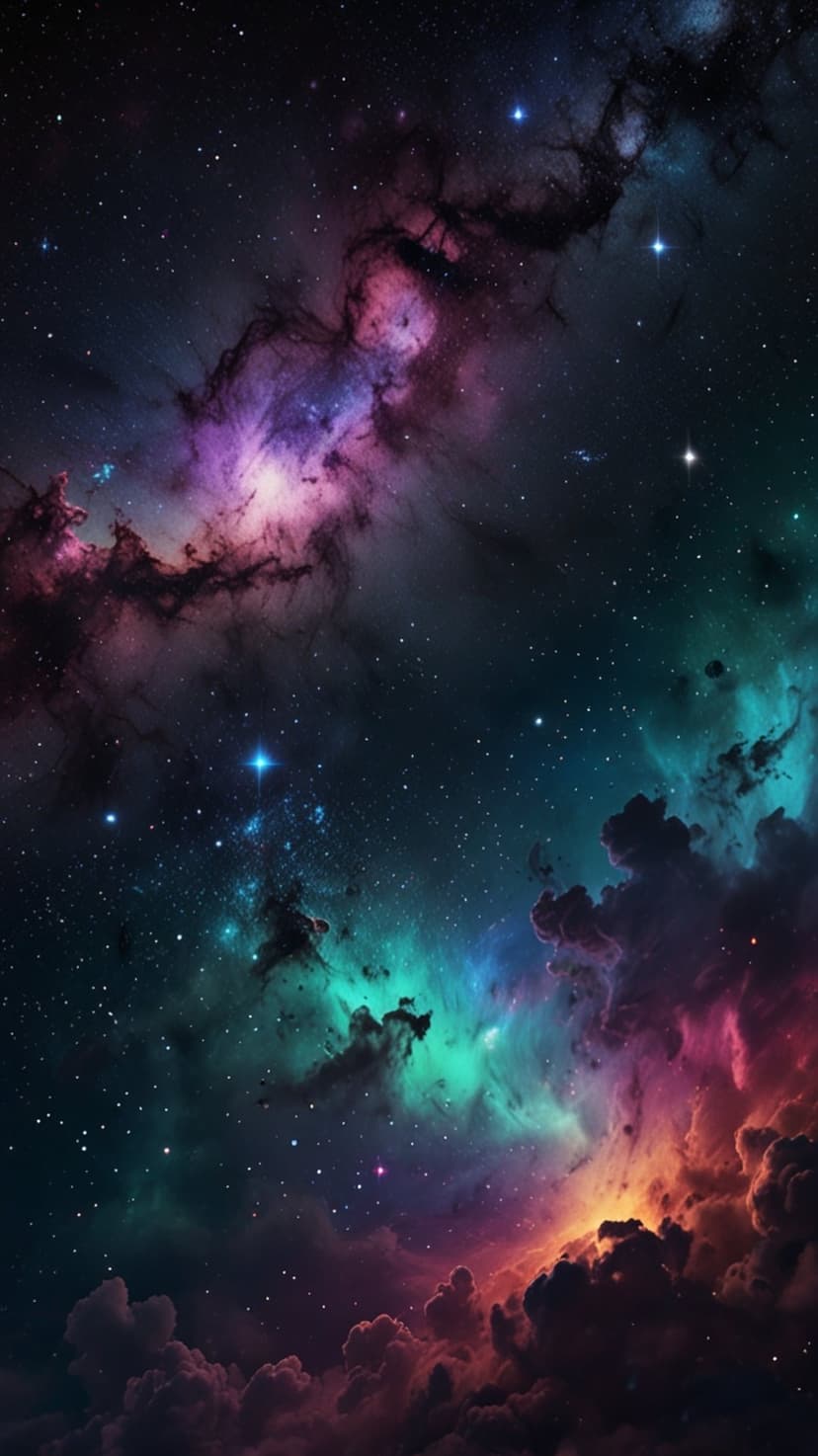 Glowing purple and turquoise cosmic gas clouds swirl around distant white stars in a vast black outer space void.