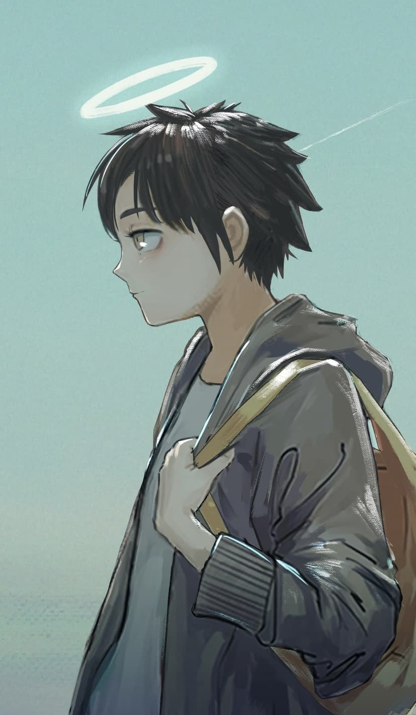 Young boy with spiky hair and a glowing halo wears a backpack against a minimalist light blue background.