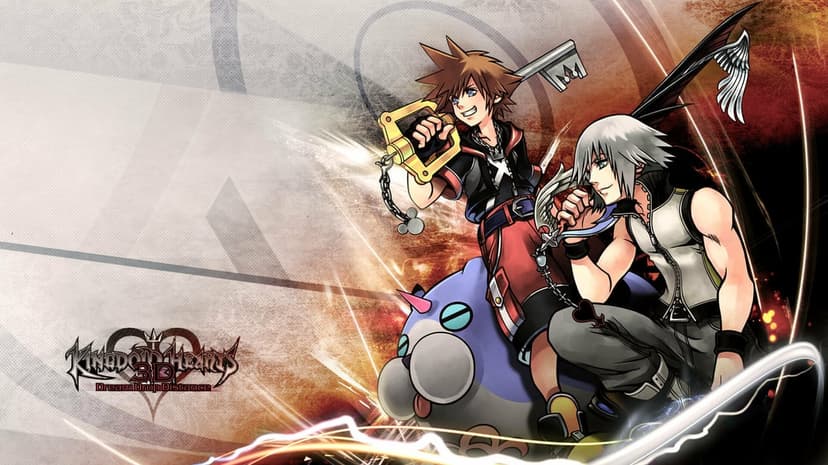 Sora and Riku pose with their keyblades alongside a Meow Wow over a textured orange and beige background.