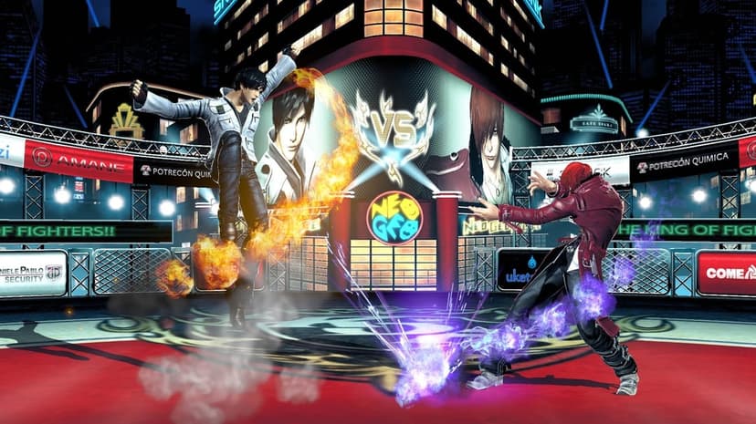 Kyo Kusanagi and Iori Yagami battle with fire and purple energy in a neon-lit urban arena at night.