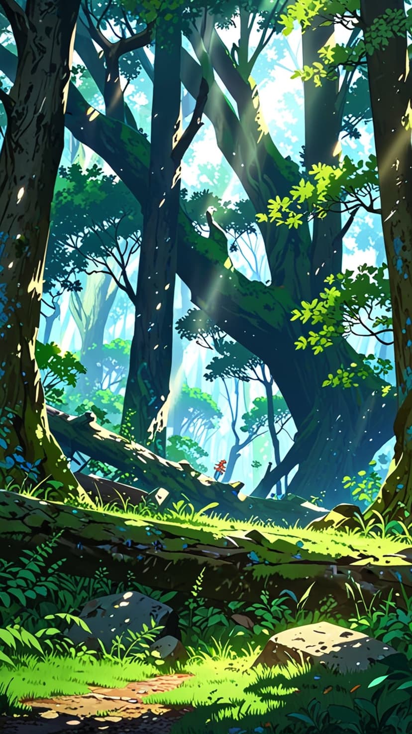 Ancient mossy trees flank a dirt path while sun rays illuminate ferns and stones in a dense green forest.