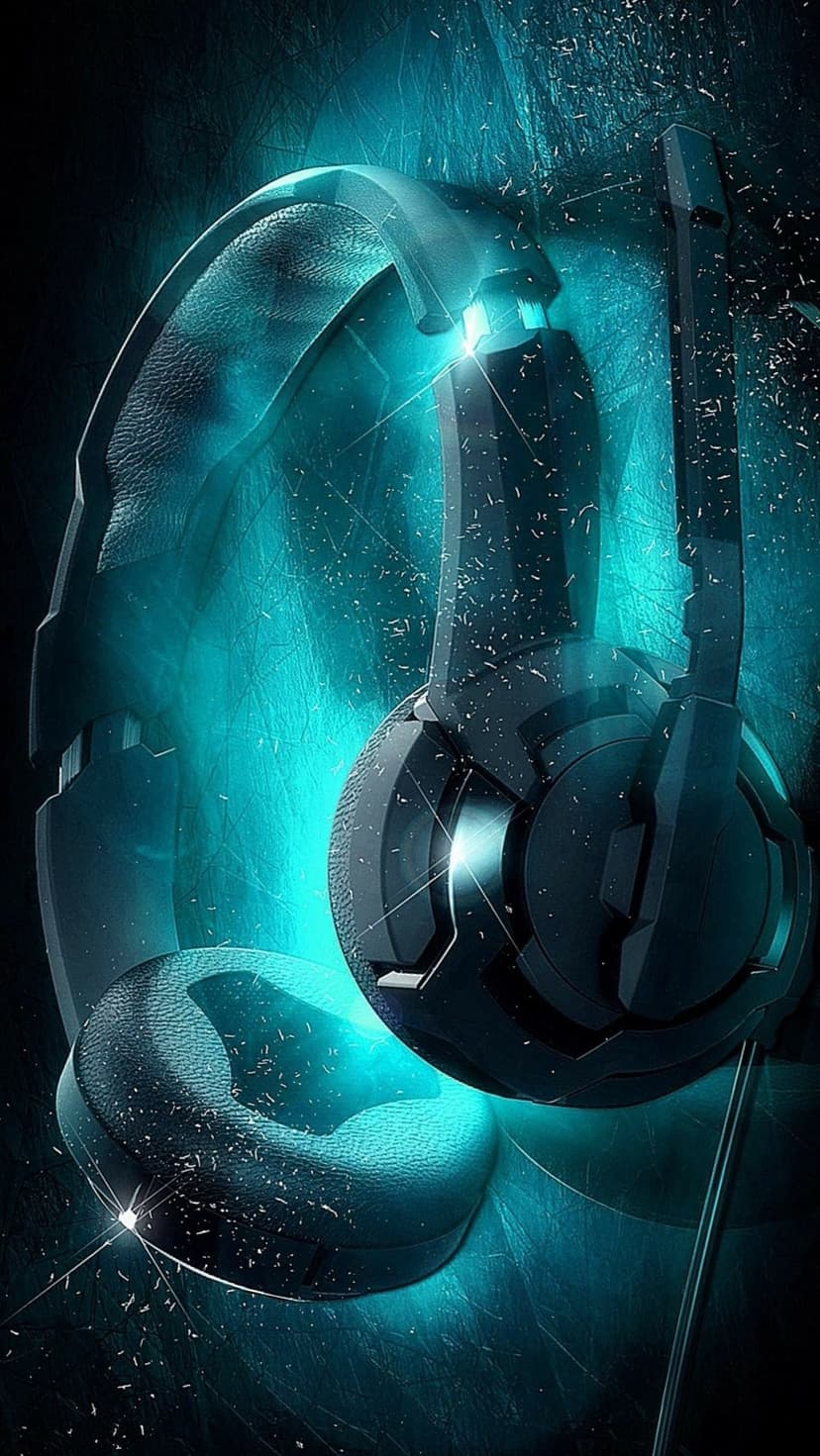 Futuristic headphones with glowing neon blue accents and a scratched metallic texture against a dark background.