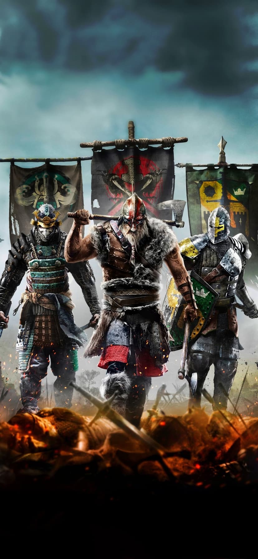 Samurai, viking, and knight stand on a dark battlefield under a stormy sky with glowing eyes in the background.